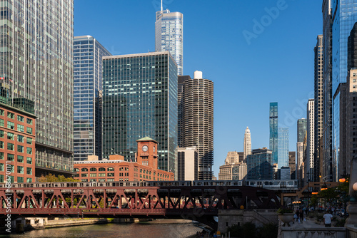 Chicago skyline and business skyscrapers  Wells Street Bridge