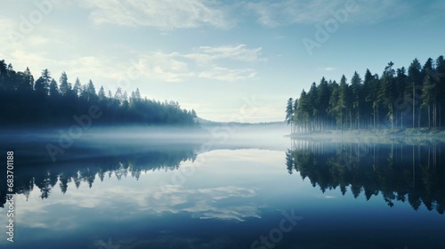 a lake with trees and fog photo
