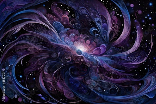 An intricate depiction of a cosmic nebula in swirling shades of indigo and violet 