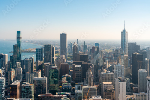 Chicago skyline aerial view, lake Michigan and office skyscrapers