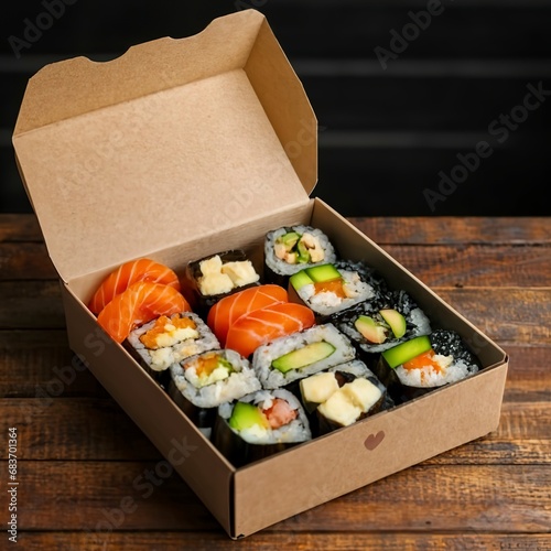 Sushi to go concept. Takeaway box with sushi