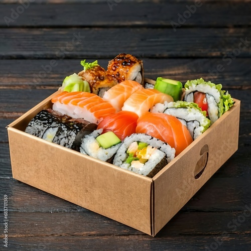 Sushi to go concept. Takeaway box with sushi