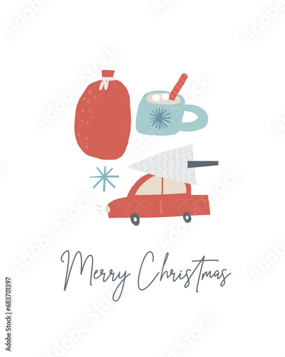 Cute winter Christmas New Year postcard with cute hand drawn doodle Christmas tree, car, Santa bag, cup of tea. Cold winter season cover, template, banner, poster, print. Holiday seasonal background