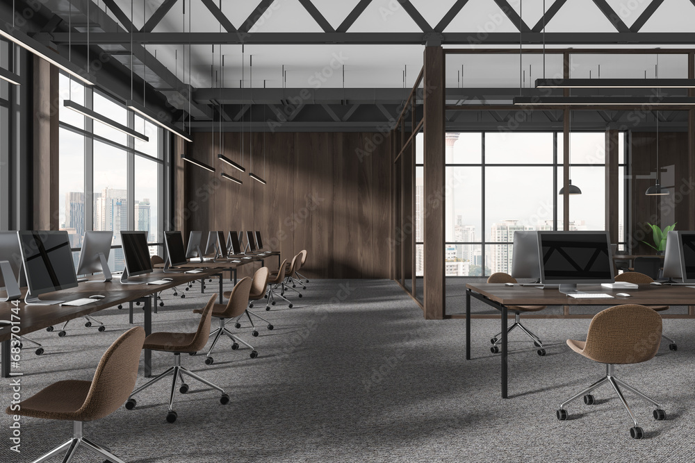 Dark office interior with coworking and meeting room, panoramic window
