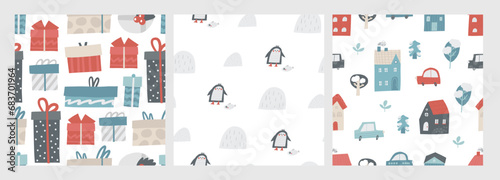 Cute winter Christmas New Year seamless patterns set. Funny hand drawn doodle repeatable pattern with gift, present, box, penguin, animal, bird, house, city. Noel, polar, arctic theme background