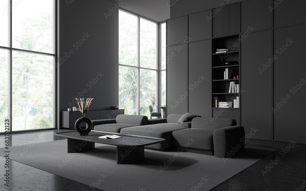 Fototapeta premium Grey hotel living room interior with relaxing and eating zone, panoramic window