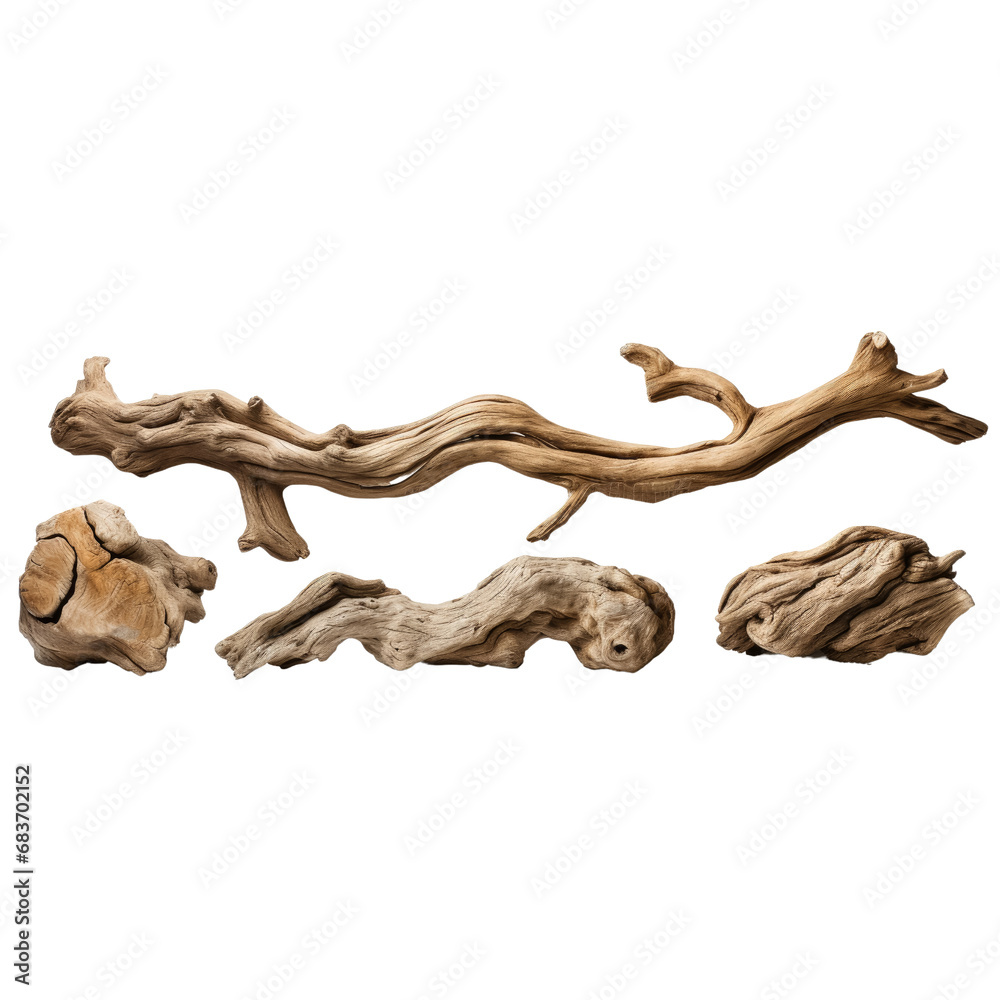 Dry branches textured pieces isolated on transparent background