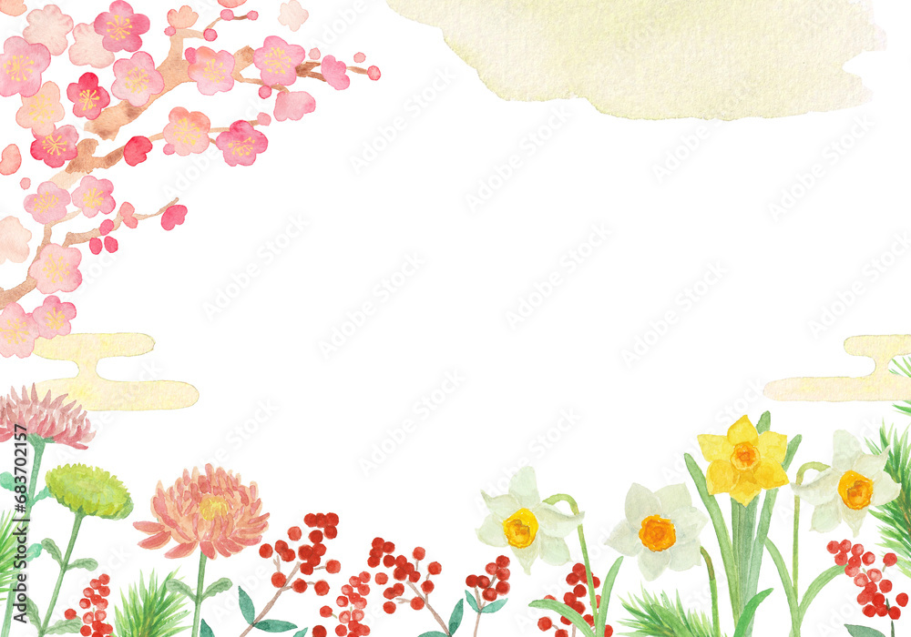 水彩絵の具で描いたお正月の花の背景イラスト 水彩絵の具で描いたお正月の花の背景イラスト