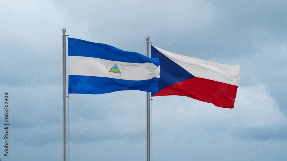 Czech Republic flag and Nicaragua flag waving together on cloudy sky, endless seamless loop, two country relations concept Czech Republic flag and Nicaragua flag waving together on cloudy sky, endless seamless loop, two country relations concept