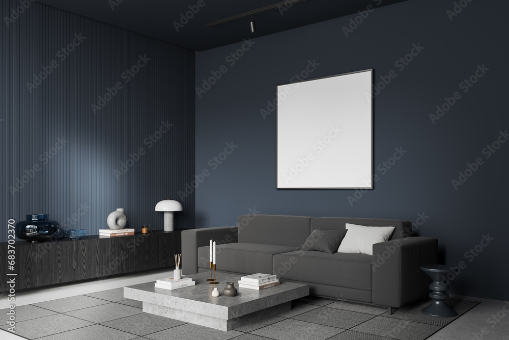 Blue home living room interior with relax place and decoration, mockup frame Blue home living room interior with relax place and decoration, mockup frame