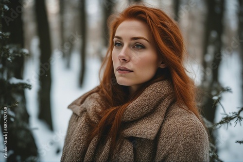 Beautiful Woman with red hair in the winter forest with winter coat in the autumn forest. Winter Snowy Atmosphere. Generative AI