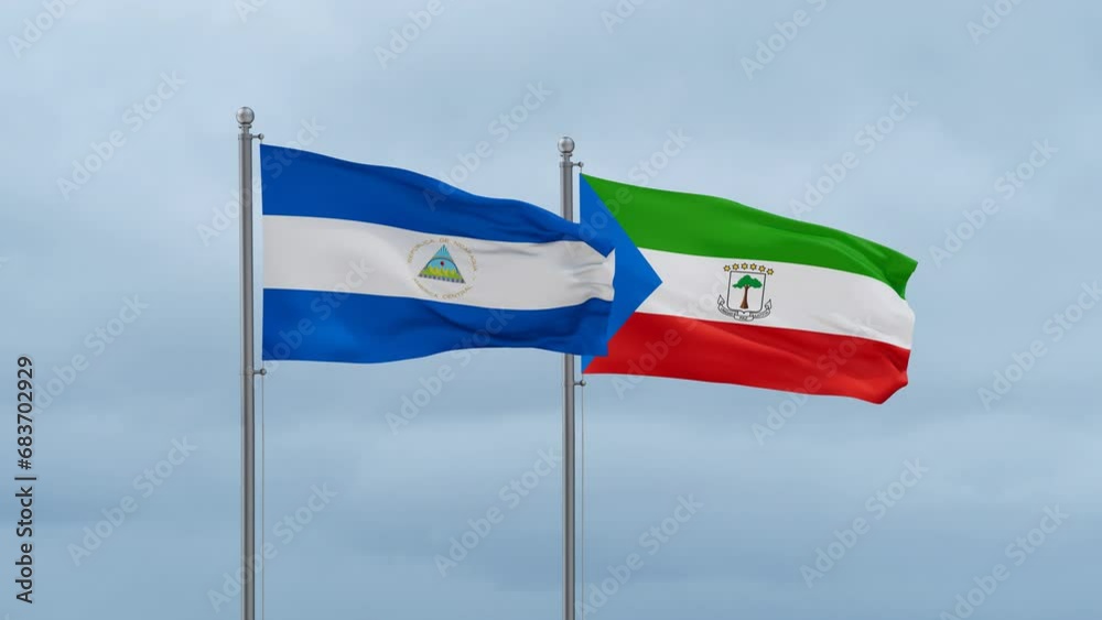 Equatorial Guinea flag and Nicaragua flag waving together on cloudy sky, endless seamless loop, two country relations concept Equatorial Guinea flag and Nicaragua flag waving together on cloudy sky, endless seamless loop, two country relations concept