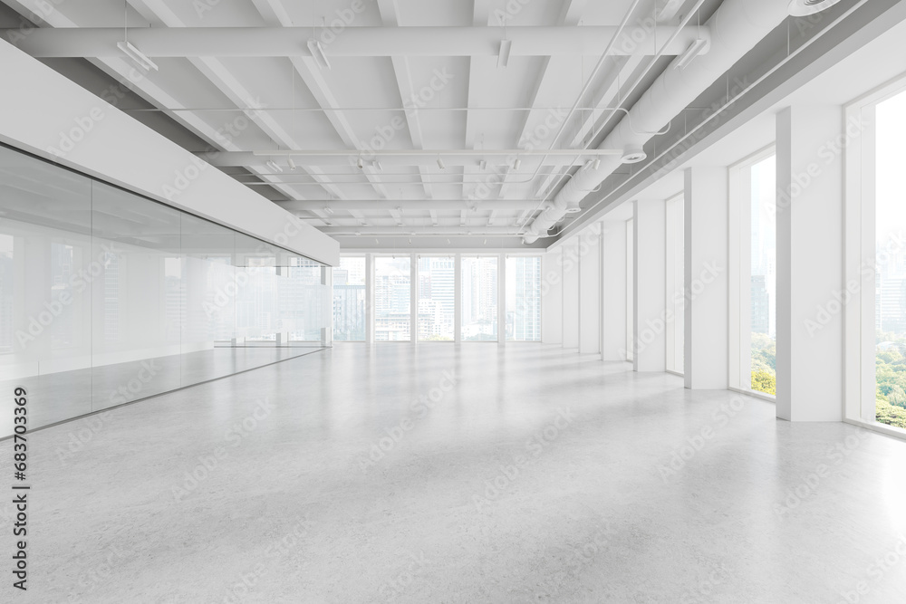 White empty office interior with workspace and glass room, panoramic window - obrazy, fototapety, plakaty 