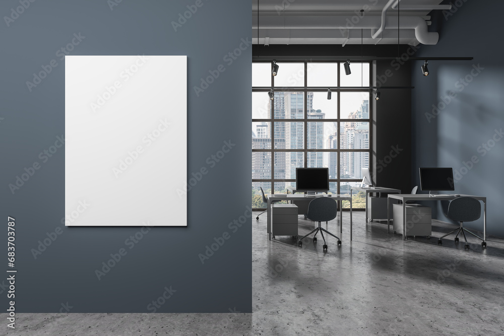 Fototapeta premium Blue business interior with pc computers and panoramic window. Mockup frame