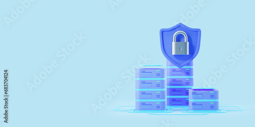 Foto Blue shield with lock, data sever protection on empty background