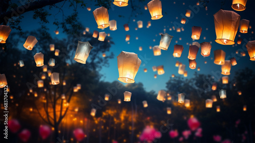 Lantern Festival background, Shangyuan Festival China. Magical flying lanterns in the colorful sky. beautiful lights sparkling. Chinese festive background