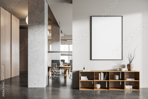 Cozy office room interior with coworking area and panoramic window. Mockup frame photo