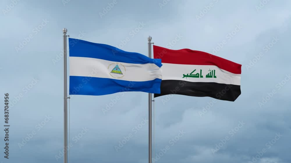 Iraq flag and Nicaragua flag waving together on blue sky, looped video Iraq flag and Nicaragua flag waving together on blue sky, looped video