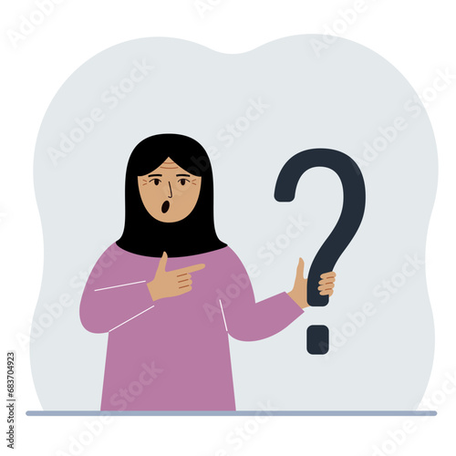 A woman is holding a question mark symbol. Ask questions and look for answers. FAQ or frequently asked questions concept, online support center.