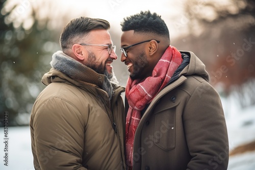 Portrait of a happy gay couple embracing each other outdoors.Diversity and LGBT Concept