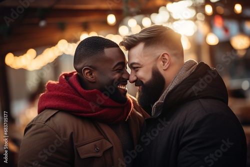 Portrait of a happy gay couple embracing each other outdoors.Diversity and LGBT Concept