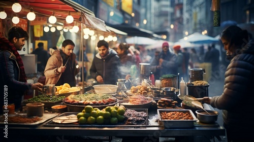people standing around a table with food photo