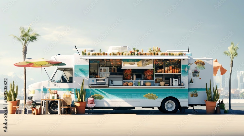 a food truck parked on a beach