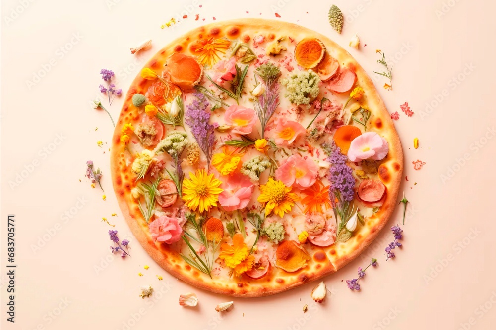 3d illustration of a  floral pizza isolated on flat pastel background.  pizza with spring flowers, Creative concept,  spring banner pizza ad.