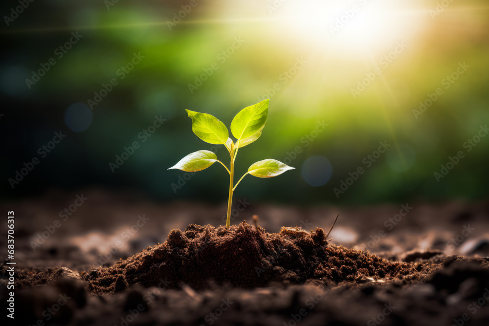 Small plant sprouts from the ground in the sunlight. Small plant sprouts from the ground in the sunlight.