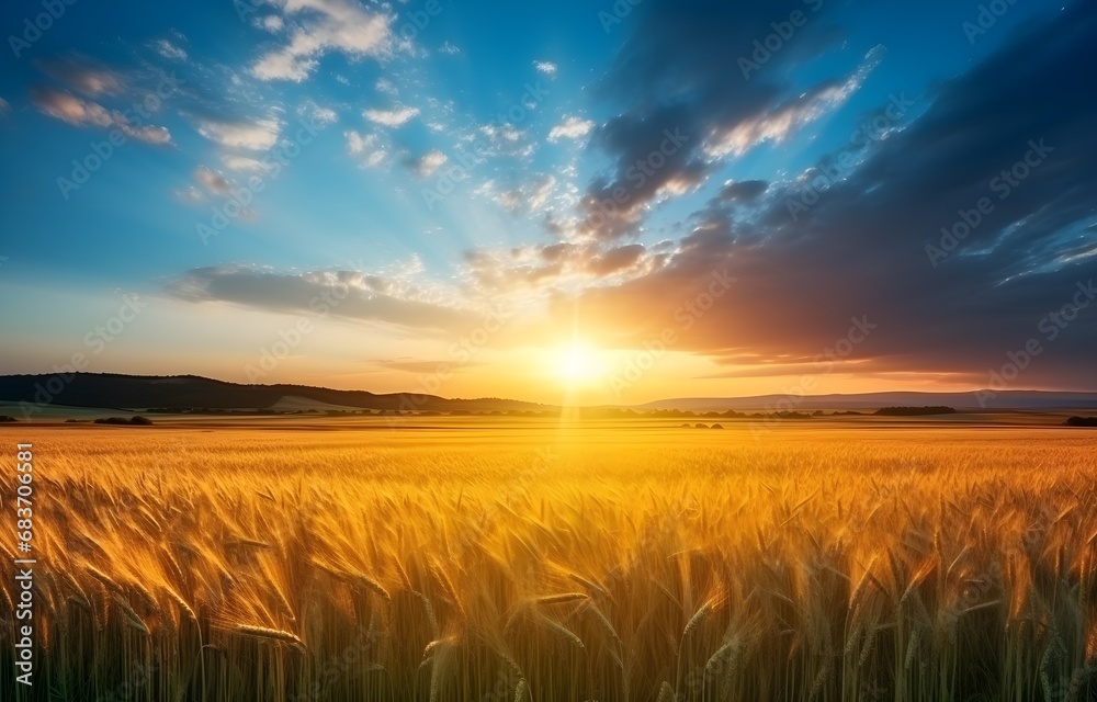 Wheat field and beautiful sunset sky