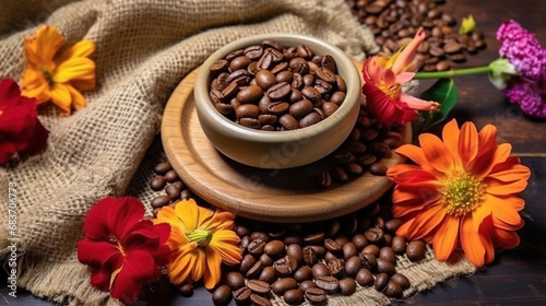 Coffee Beans In A Burlap Sack A Colorful Coffee Based Dessert with Edible Flowers Blurry Background