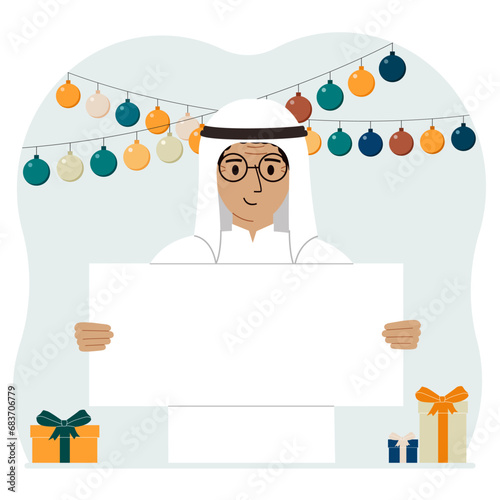 Holiday concept with garland, gift boxes and poster. A man smiles, rejoices and celebrates a birthday, a festive event, a victory, an achievement or a holiday.