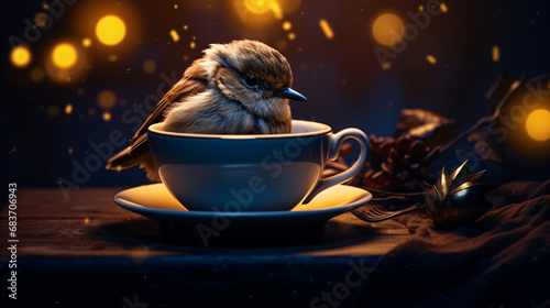 A sparrow in a night cap sitting on a cup of coffee photo