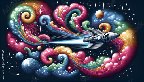 A whimsical spaceship zipping through a galaxy at light speed, surrounded by vibrant, swirling nebulae and twinkling stars, in a surreal, colorful style.