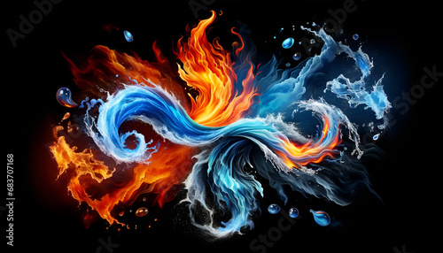  A dynamic clash of fire and water, with vibrant flames and flowing water on a black background, symbolizing opposite energies.