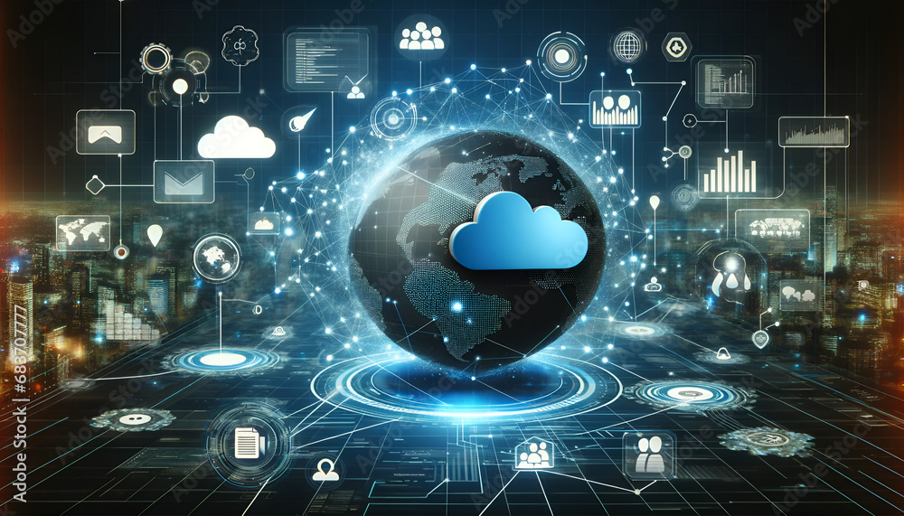 Fototapeta premium A digital technology background themed on cloud computing, showcasing elements of business intelligence, global network, and data analysis.