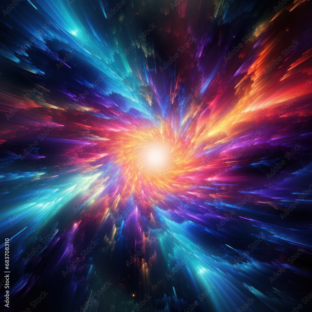 Eye-catching digital image depicting an abstract and colorful burst of energy in a cosmic-like setting Eye-catching digital image depicting an abstract and colorful burst of energy in a cosmic-like setting