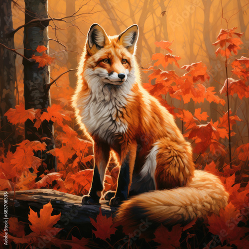 Beautiful digital painting of a realistic fox standing in an autumn forest with vibrant orange leaves
