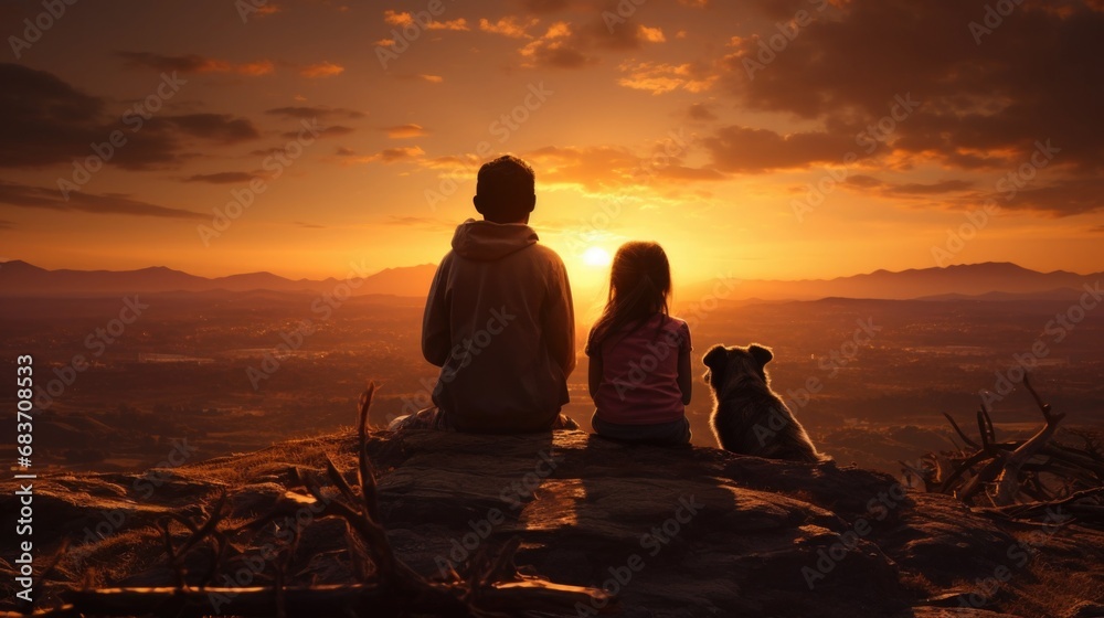 back view of a two kids and their puppy sitting on the mountain looking at sunset