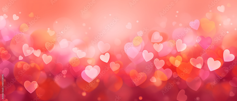 Valentine hearts red bokeh on light abstract background. Holiday, Valentines day background banner concept.
