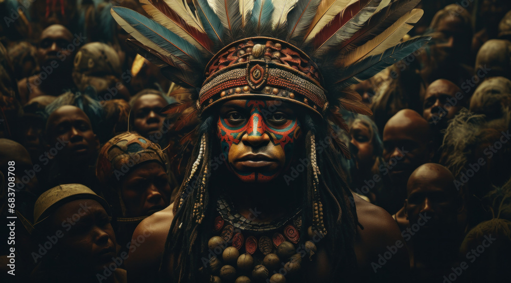 African tribal chief with meticulous face paint and feathers, among his tribal members