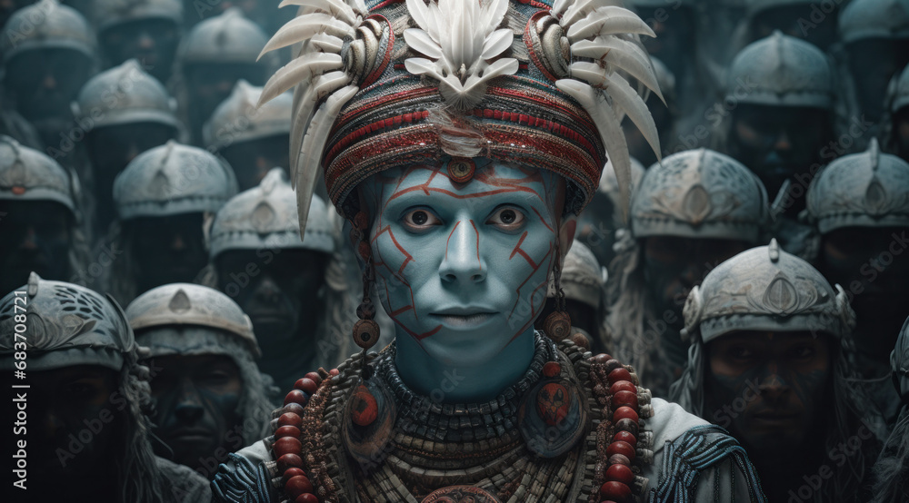 Indigenous tribal leader with traditional headdress and body paint, surrounded by warriors