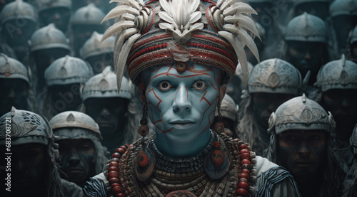 Indigenous tribal leader with traditional headdress and body paint, surrounded by warriors