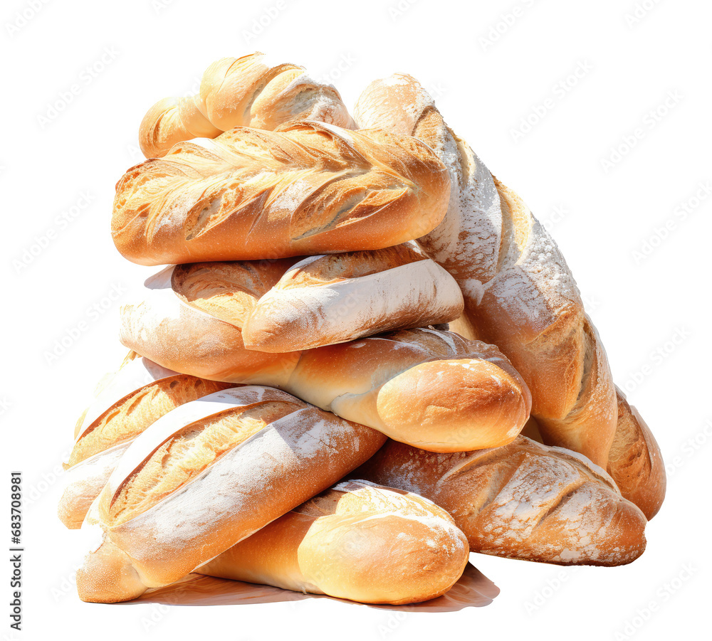 bunch of breads with white breads piled on top