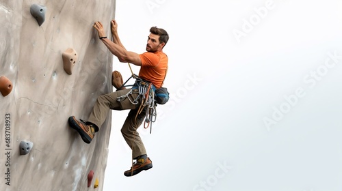 a man climbing a rock wall photo
