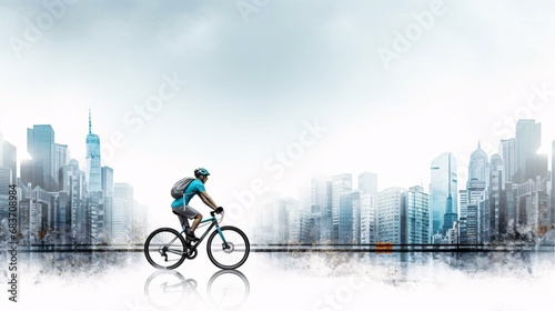 a person riding a bicycle on a body of water with a city in the background © KWY