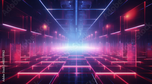 Dynamic visual of a tunnel with red and blue neon lines, creating a sense of futuristic movement