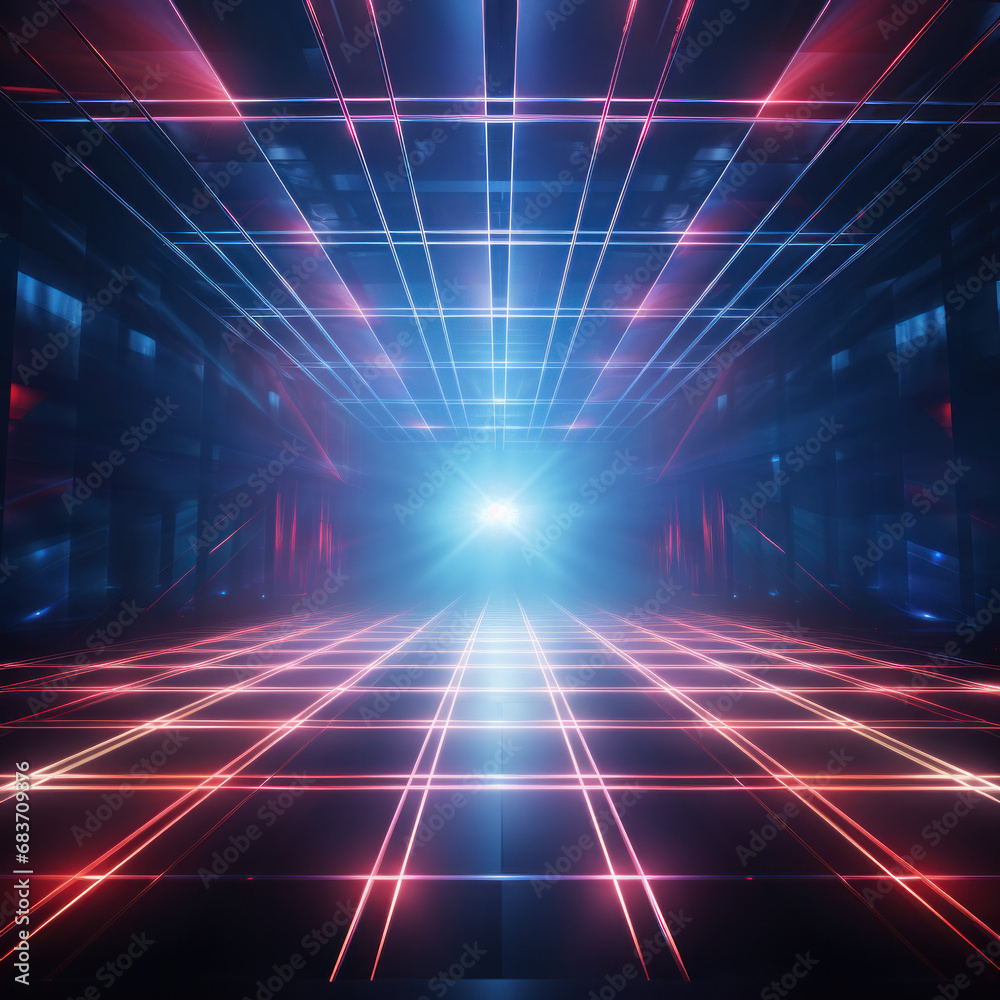 Vibrant neon light beams forming a digital corridor with a glowing end point against a dark backdrop Vibrant neon light beams forming a digital corridor with a glowing end point against a dark backdrop
