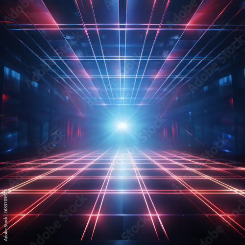 Vibrant neon light beams forming a digital corridor with a glowing end point against a dark backdrop