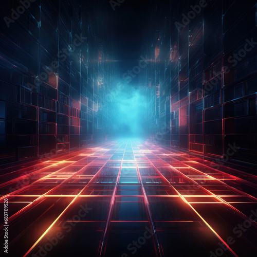 Surreal passage with a red neon light grid leading towards a mysterious blue glo Fototapeta